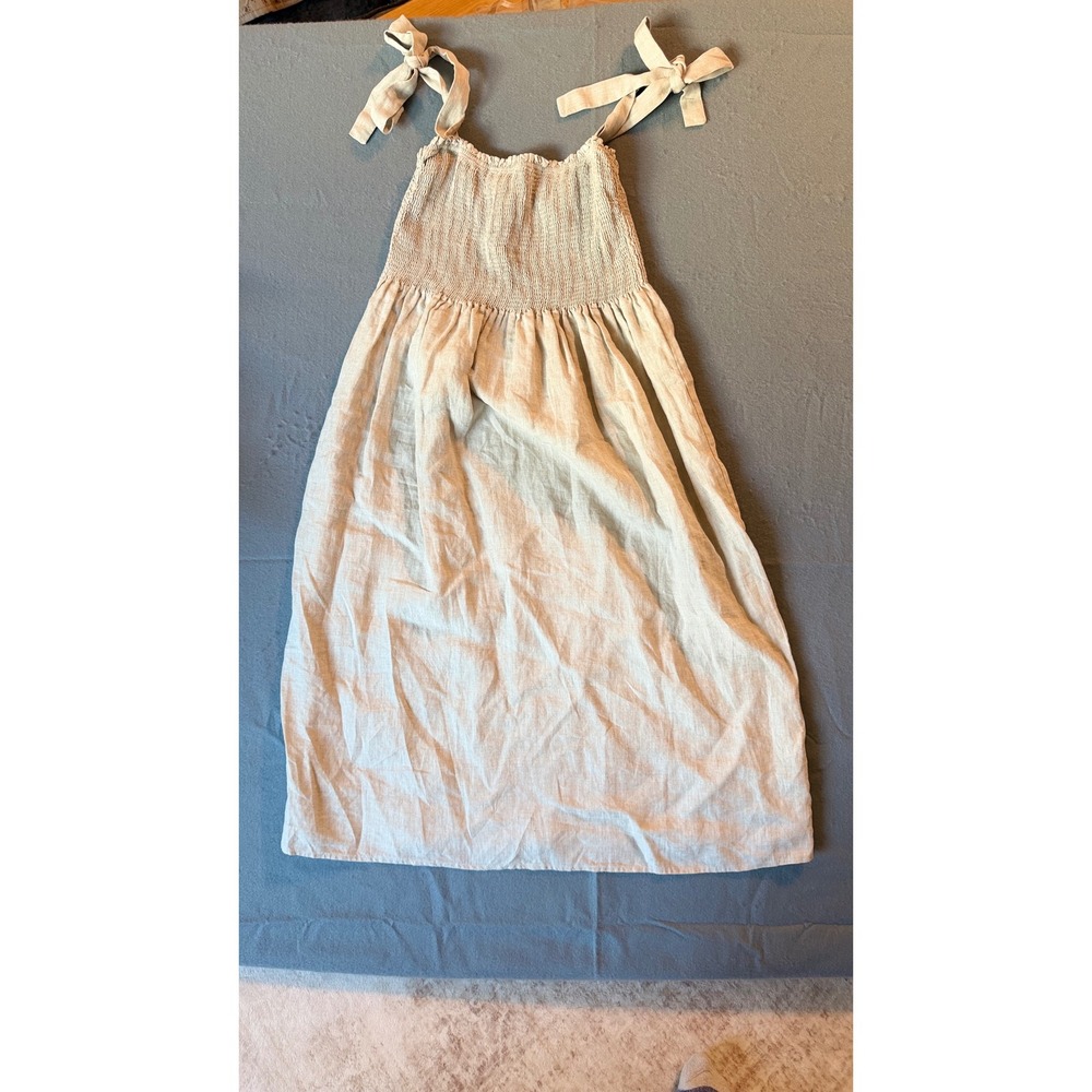 Wilfred Aritzia 100% Linen Smocked Tie Strap Midi Dress Natural Beige Small